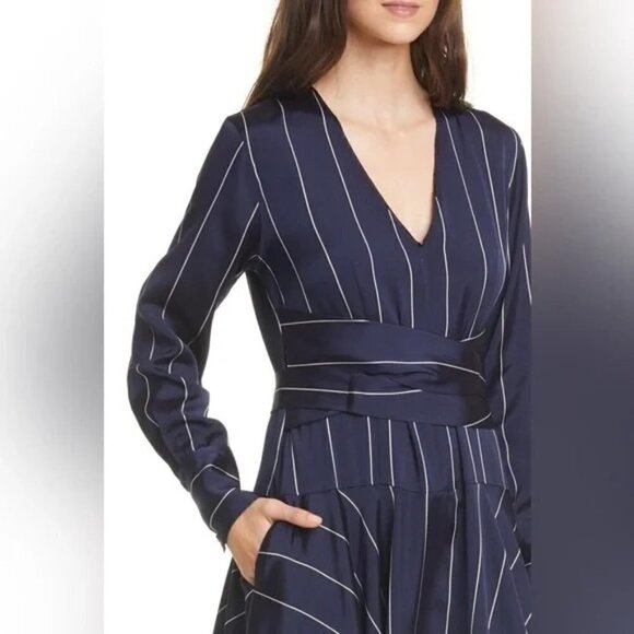La Ligne New York Sadie Striped V Neck Long Sleeve Midi Dress Navy Blue White S - Picture 2 of 13